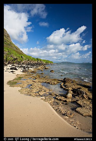 Beach and rocks near Makai research pier,  early morning. Oahu island, Hawaii, USA (color)