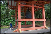 Boy ringing the buddhist bell, Byodo-In temple. Oahu island, Hawaii, USA (color)