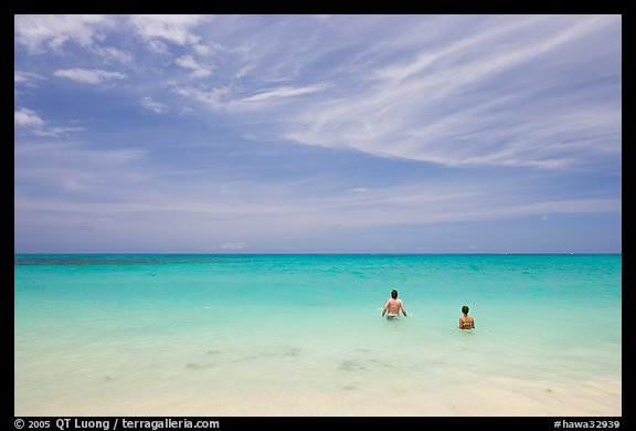 Bathers in the water, Waimanalo Beach. Oahu island, Hawaii, USA