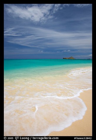 Foam, sand, and turquoise waters, Waimanalo Beach. Oahu island, Hawaii, USA (color)