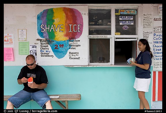 Shave ice store with man sitting eating and woman ordering, Waimanalo. Oahu island, Hawaii, USA