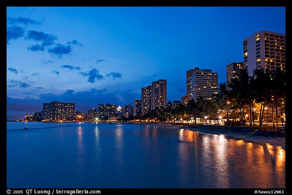 Waterfront and high-rise hotels at dusk. Waikiki, Honolulu, Oahu island, Hawaii, USA