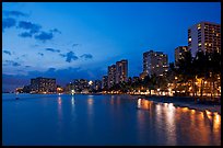 Waterfront and high-rise hotels at dusk. Waikiki, Honolulu, Oahu island, Hawaii, USA
