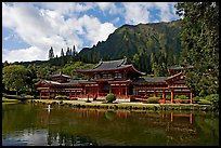 Byodo-In temple and Koolau Mountains, morning. Oahu island, Hawaii, USA (color)