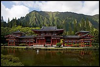 Byodo-In temple and fluted mountains, morning. Oahu island, Hawaii, USA