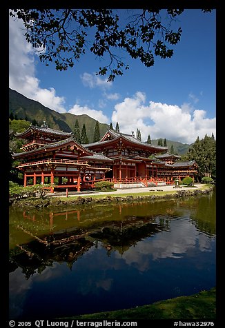 Byodo-In temple reflected in pond, Valley of the Temples, morning. Oahu island, Hawaii, USA