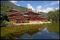 Byodo-In temple reflected in pond, morning. Oahu island, Hawaii, USA (color)