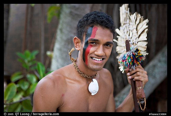 Fiji man with traditional face painting. Polynesian Cultural Center, Oahu island, Hawaii, USA