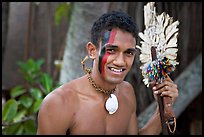 Fiji man with traditional face painting. Polynesian Cultural Center, Oahu island, Hawaii, USA