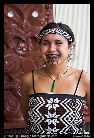 Maori woman with facial tatoo. Polynesian Cultural Center, Oahu island, Hawaii, USA (color)