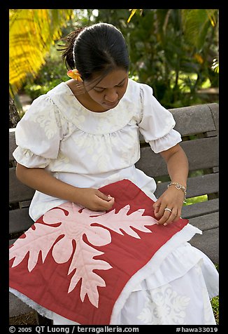 Woman quilting. Polynesian Cultural Center, Oahu island, Hawaii, USA