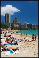 Waikiki Beach and skyline, mid-day. Waikiki, Honolulu, Oahu island, Hawaii, USA (color)
