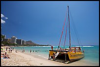 Catamaran and Waikiki Beach. Waikiki, Honolulu, Oahu island, Hawaii, USA