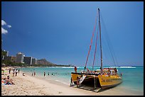 Catamaran and Waikiki Beach. Waikiki, Honolulu, Oahu island, Hawaii, USA (color)