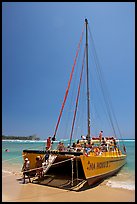 Catamaran landing on Waikiki Beach. Waikiki, Honolulu, Oahu island, Hawaii, USA