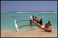 Outrigger canoe lauching from Waikiki Beach. Waikiki, Honolulu, Oahu island, Hawaii, USA ( color)