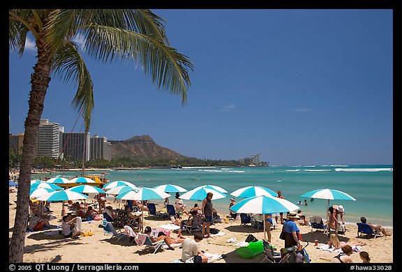 Sun shades on Waikiki Beach. Waikiki, Honolulu, Oahu island, Hawaii, USA (color)