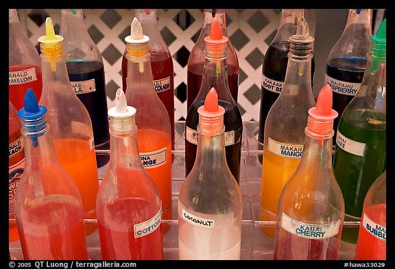 Variety of sirup flavors used in shave ice. Waikiki, Honolulu, Oahu island, Hawaii, USA