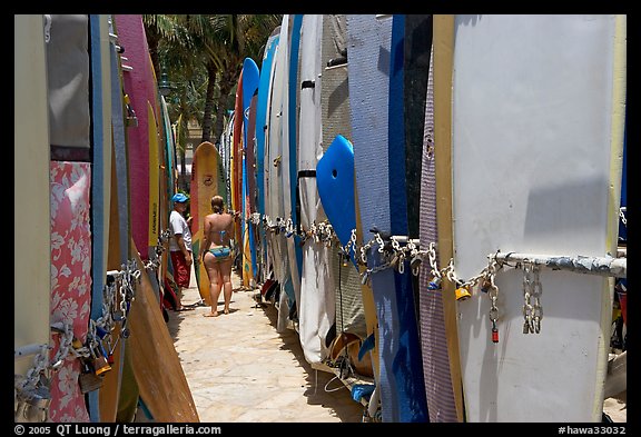 Racks of surfboards. Waikiki, Honolulu, Oahu island, Hawaii, USA (color)
