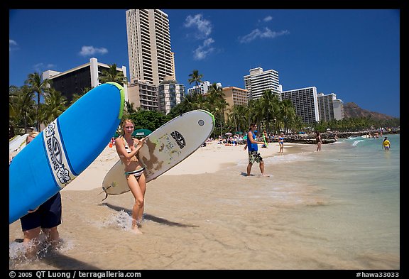 Women carrying surfboards into the water, Waikiki Beach. Waikiki, Honolulu, Oahu island, Hawaii, USA (color)