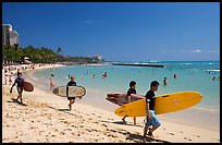 Men walking on Waikiki Beach with surfboards. Waikiki, Honolulu, Oahu island, Hawaii, USA ( color)