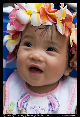 Baby girl wearing a flower lei on her head. Waikiki, Honolulu, Oahu island, Hawaii, USA (color)