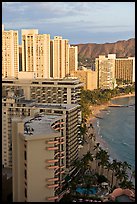 High rise hotels and beach seen from the Sheraton glass elevator, late afternoon. Waikiki, Honolulu, Oahu island, Hawaii, USA ( color)