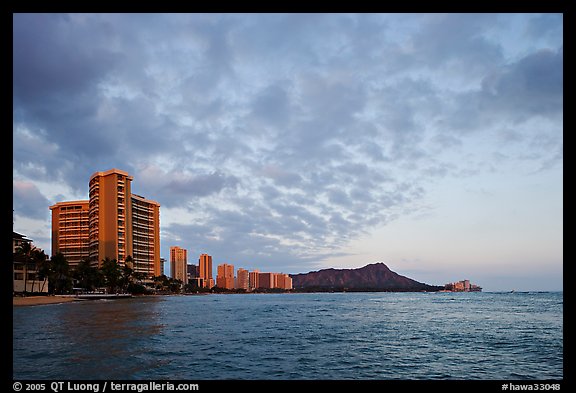 Skyline and Diamond Head, sunset. Waikiki, Honolulu, Oahu island, Hawaii, USA