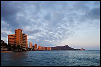 Skyline and Diamond Head, sunset. Waikiki, Honolulu, Oahu island, Hawaii, USA