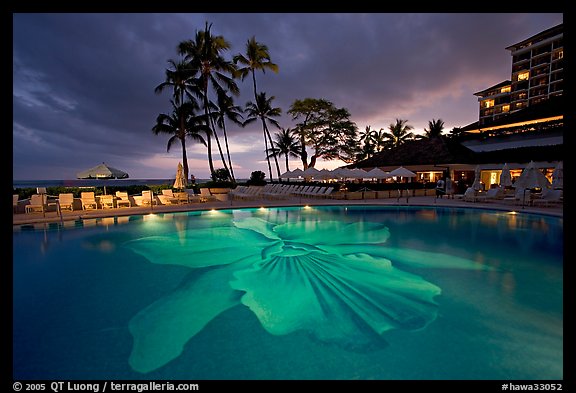 Swimming pool at sunset, Halekulani hotel. Waikiki, Honolulu, Oahu island, Hawaii, USA