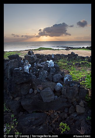Heiau and ocean at sunrise. Oahu island, Hawaii, USA (color)