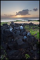 Heiau and ocean at sunrise. Oahu island, Hawaii, USA