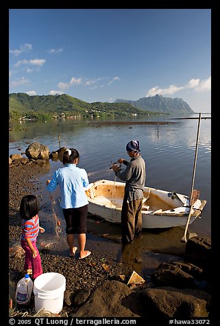 Fisherman and family pulling out net out of small baot, Kaneohe Bay, morning. Oahu island, Hawaii, USA