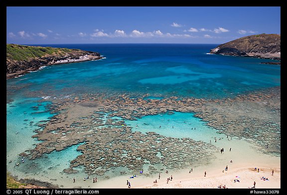 Hanauma Bay with people in water. Oahu island, Hawaii, USA