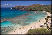 Hanauma Bay and beach with people. Oahu island, Hawaii, USA (color)