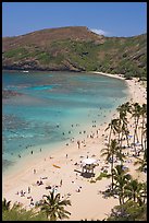 Hanauma Bay beach with people. Oahu island, Hawaii, USA (color)
