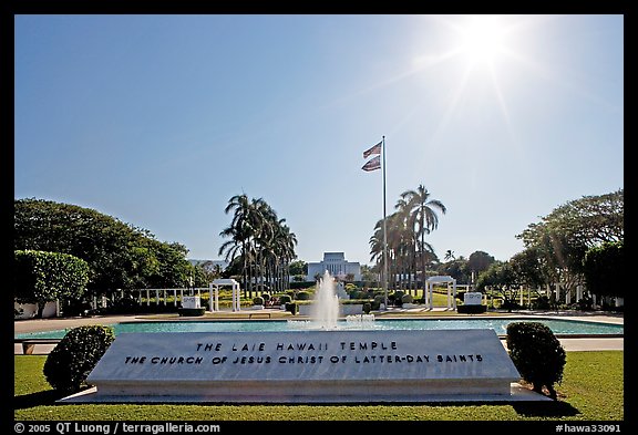 Mormon temple and sun, afternoon, Laie. Oahu island, Hawaii, USA (color)