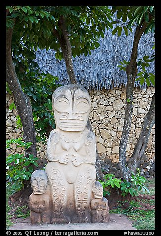 Marquesas statue and walls. Polynesian Cultural Center, Oahu island, Hawaii, USA (color)