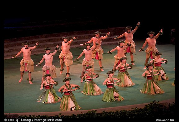 Hawaiian dancers on stage. Polynesian Cultural Center, Oahu island, Hawaii, USA