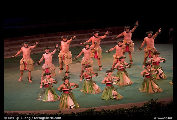 Hawaiian dancers on stage. Polynesian Cultural Center, Oahu island, Hawaii, USA (color)