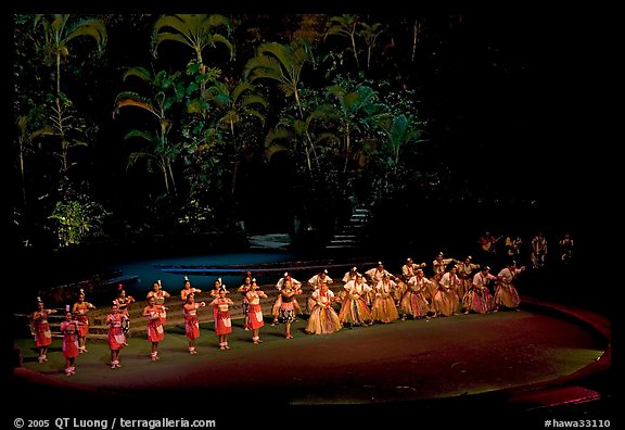 Tonga dancers on stage. Polynesian Cultural Center, Oahu island, Hawaii, USA (color)