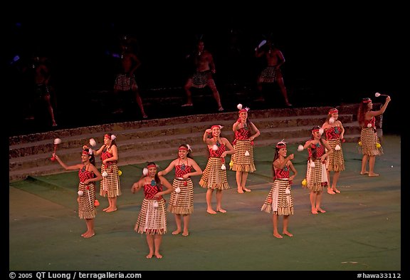 Dance Performance by Maori women. Polynesian Cultural Center, Oahu island, Hawaii, USA (color)