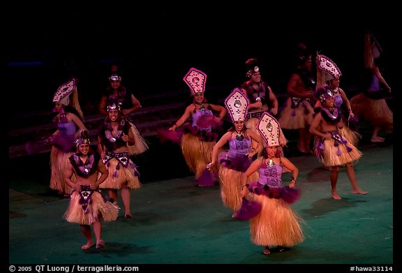 Tahitian celebration dance. Polynesian Cultural Center, Oahu island, Hawaii, USA
