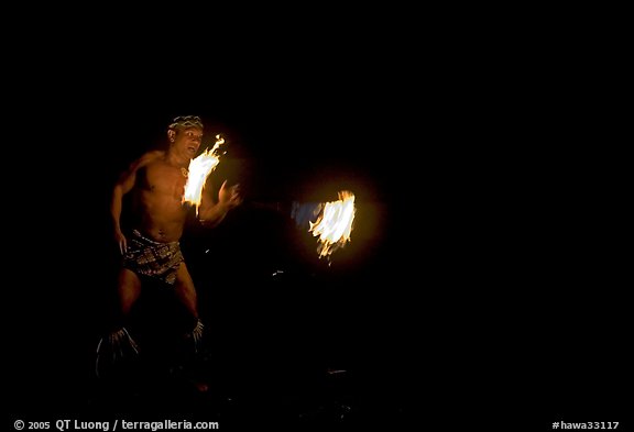 Traditional Samoan fireknife dance. Polynesian Cultural Center, Oahu island, Hawaii, USA (color)