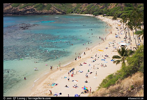 Hanauma Bay beach from above. Oahu island, Hawaii, USA