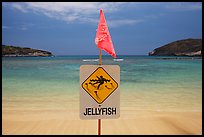 Sign warning against jellyfish,  Hanauma Bay. Oahu island, Hawaii, USA (color)