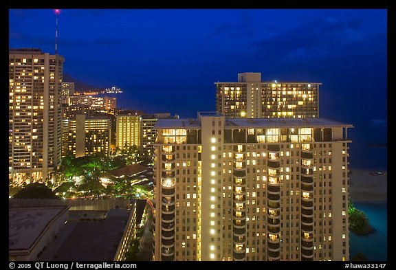 High-rise hotels at dusk. Waikiki, Honolulu, Oahu island, Hawaii, USA (color)