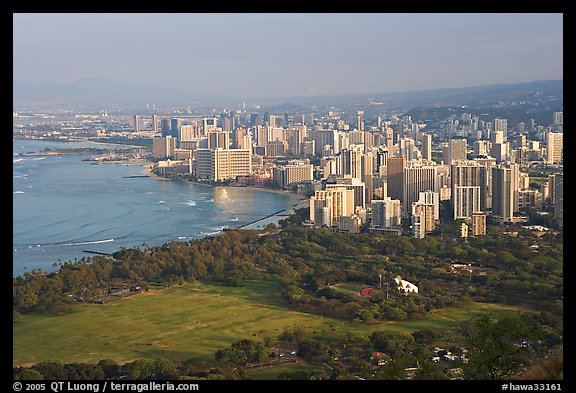 Honolulu seen from the Diamond Head crater, early morning. Waikiki, Honolulu, Oahu island, Hawaii, USA (color)