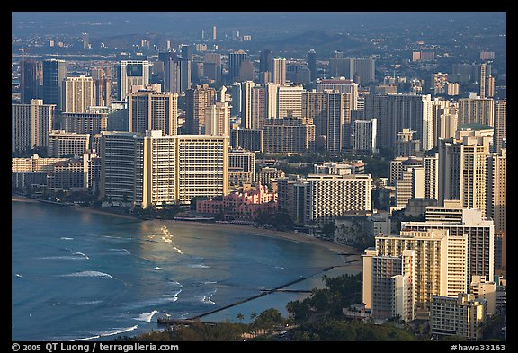 Waikiki seen from the Diamond Head crater, early morning. Honolulu, Oahu island, Hawaii, USA (color)