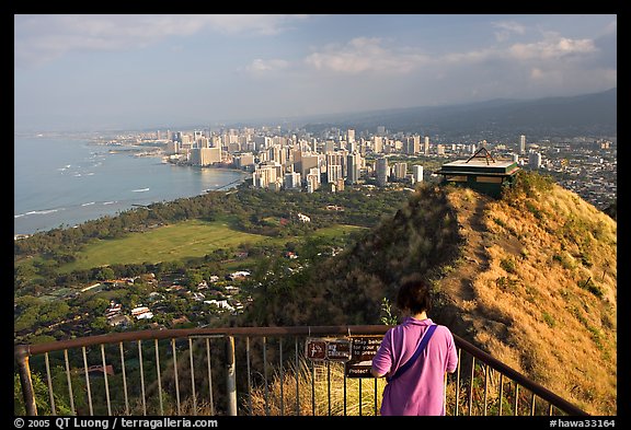 Tourist on Diamond Head crater summit observation platform. Oahu island, Hawaii, USA